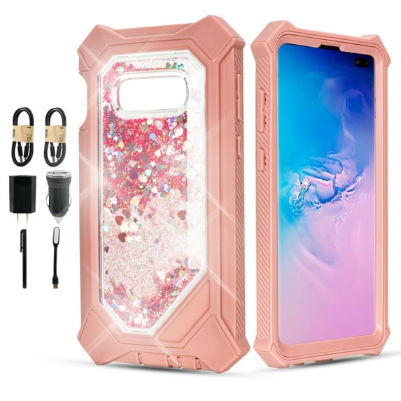 Value Pack ! for Samsung Galaxy S10 HD Glass and Full Protection Hard TPU Liquid Glitter Bling Sparkling Cute Woman Girl Case Phone Case PU Shock Bumper Scratch Guard Skin Wrap Slim Cover