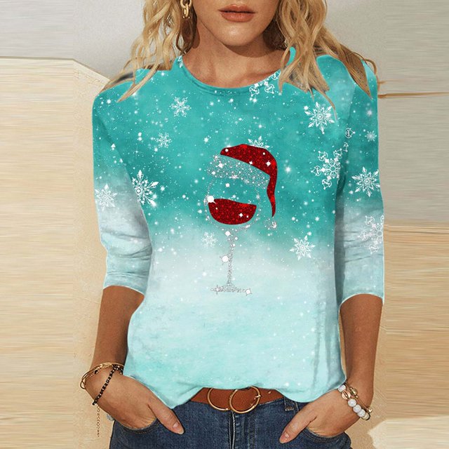 Meichang Hauts à Manches 3/4 pour Femmes Classiques de Noël Verre de Vin T-Shirts Graphiques Coupe Ample Col Rond Hauts Décontractés Cadeaux pour Femmes pour Noël