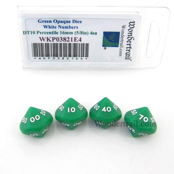 Green Opaque Dice with White Numbers DT10 16mm (5/8in) Pack of 4 Wondertrail