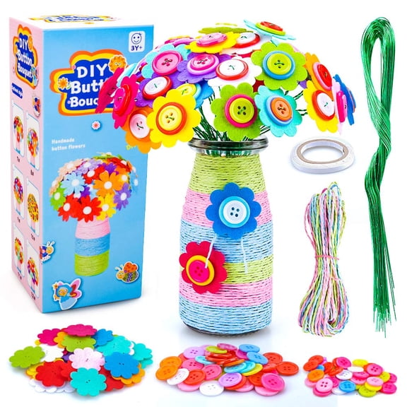 Dikence Art Craft Kits Toy for 5-10 Year Old Girls Boys, DIY Flower Crafts Kit for Kids Age 6 7 8 Birthday Gift Felt Bouquet Flower Buttons Vase for 4-7 Year Old Kid Child Activity Present Sun Flower