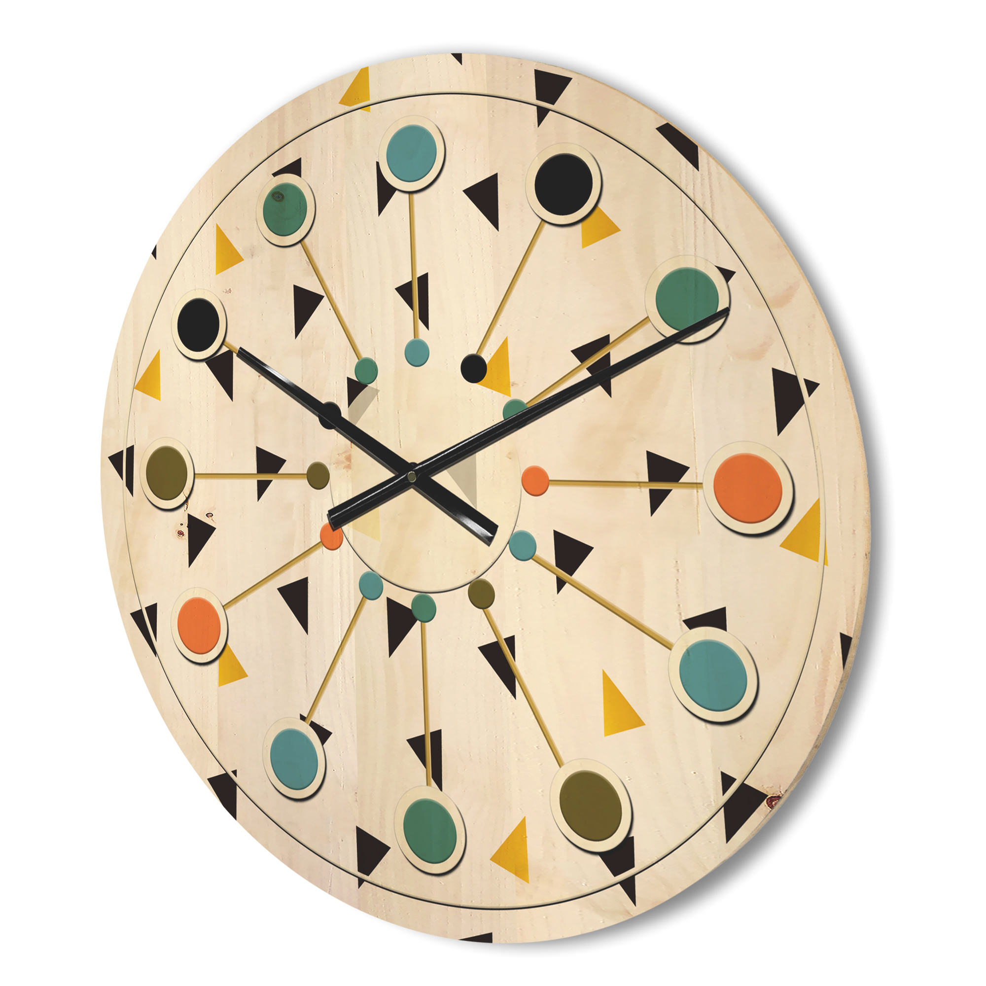 Designart 'Trendy Gold and Black Triangular Pattern I' Mid-Century Modern Wood Wall Clock
