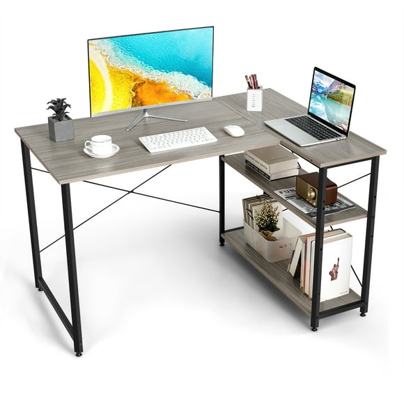 Costway 48" Reversible L Shaped Computer Desk Home Office Table Adjustable Shelf Gray