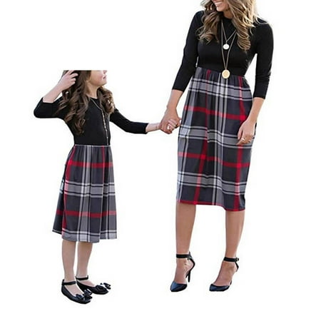 One Piece Dress - Family Matching Crew Neck Long Sleeve Plaid Dress Mommy and Me High Waist One Piece Stitching Mid-Length Dress