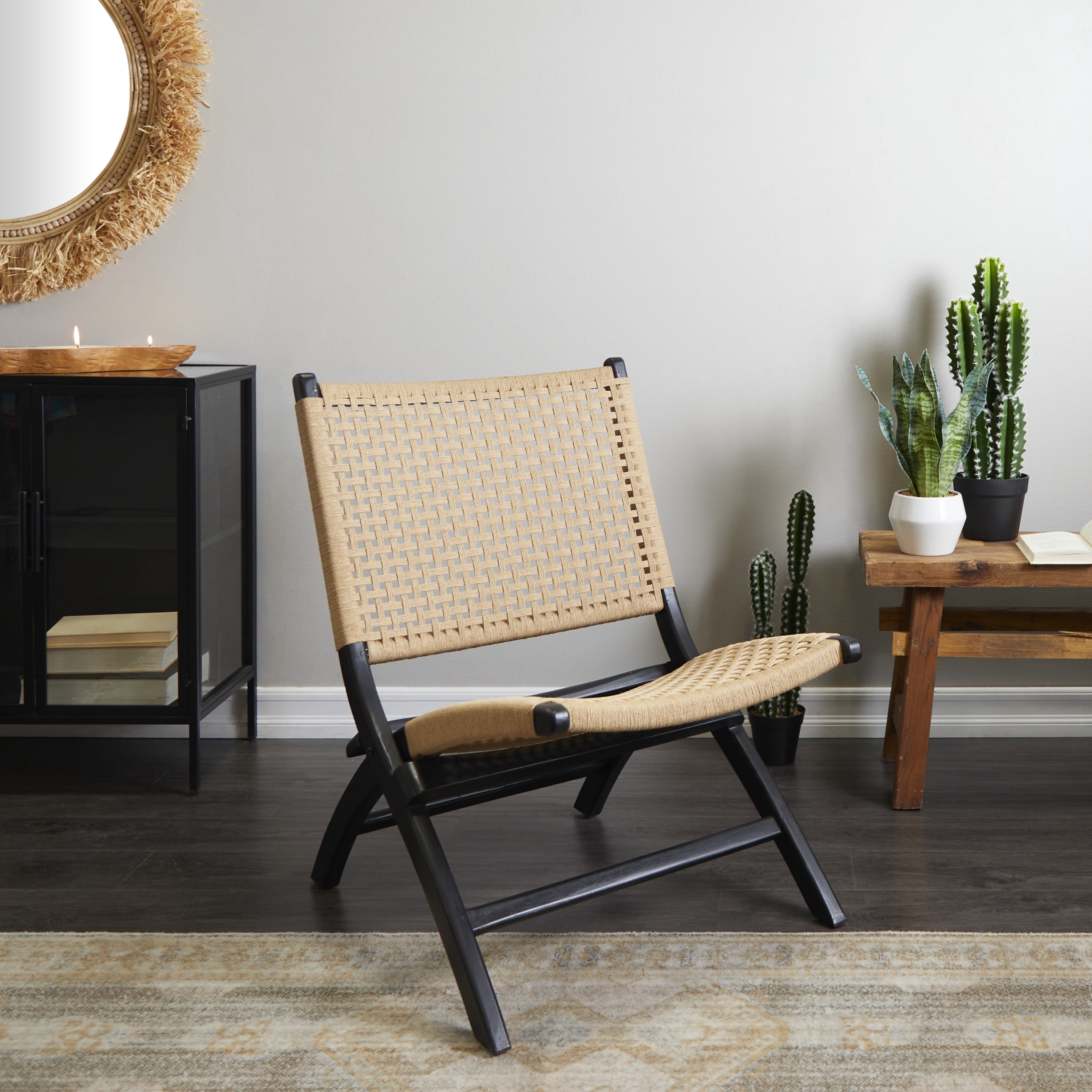 DecMode Contemporary Wood Folding Chair with Polished Black Finish and a Light Brown Woven Seat, 24"W x 34"H