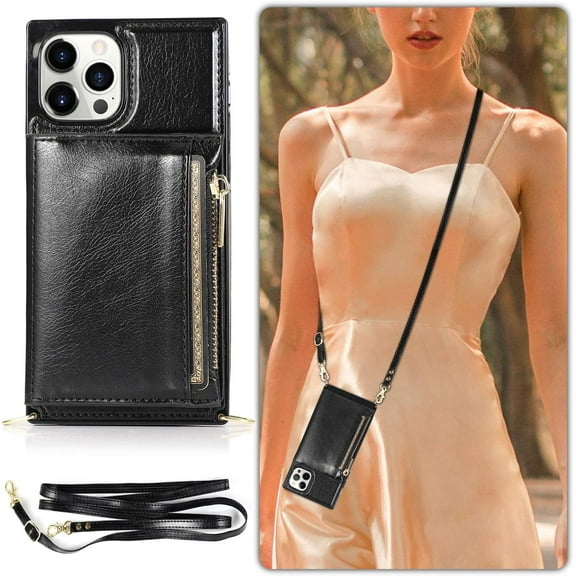 Compatible with iPhone 12 Pro Max Wallet Case with Crossbody Neck Strap Lanyard Purse Handbag Shoulder Strap Cover with PU Leather Credit ID Card Holder Kickstand Stand Protection Case 6.7" Black
