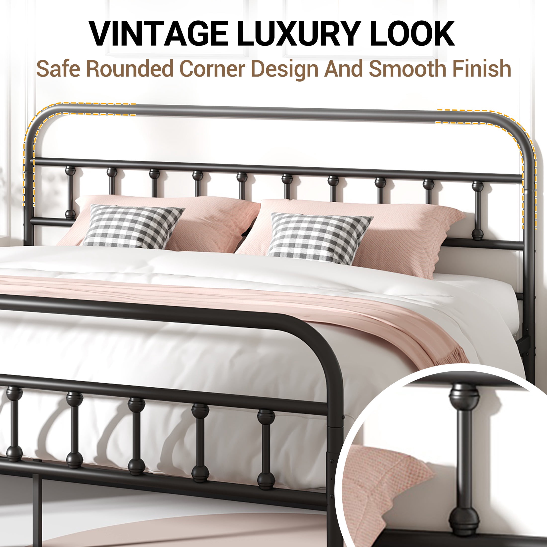 King Bed Frame with Headboard and Footboard, UHOMEPRO Metal Bed Frame with Vintage Victorian Style, Easy Assembly & No Box Spring Needed, Black