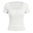 thumbnail image 4 of Daznico Women's Ribbed Knit Lace Henley T Shirt Short Sleeve Casual Summer Slim Fit Tops,S, 4 of 5