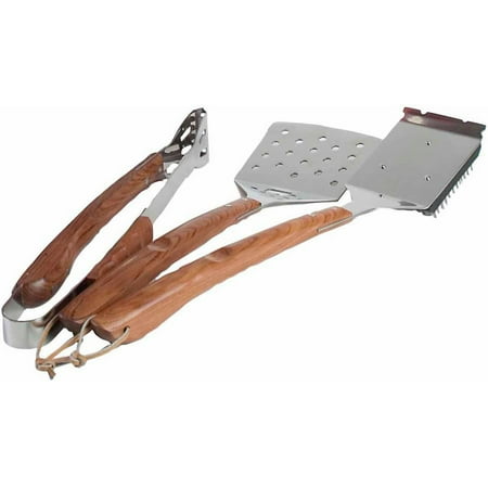 Charcoal Companion 3-Piece Vineyard Rosewood BBQ Tool Set, includes Spatula, Tongs and Grill Brush, CC1109
