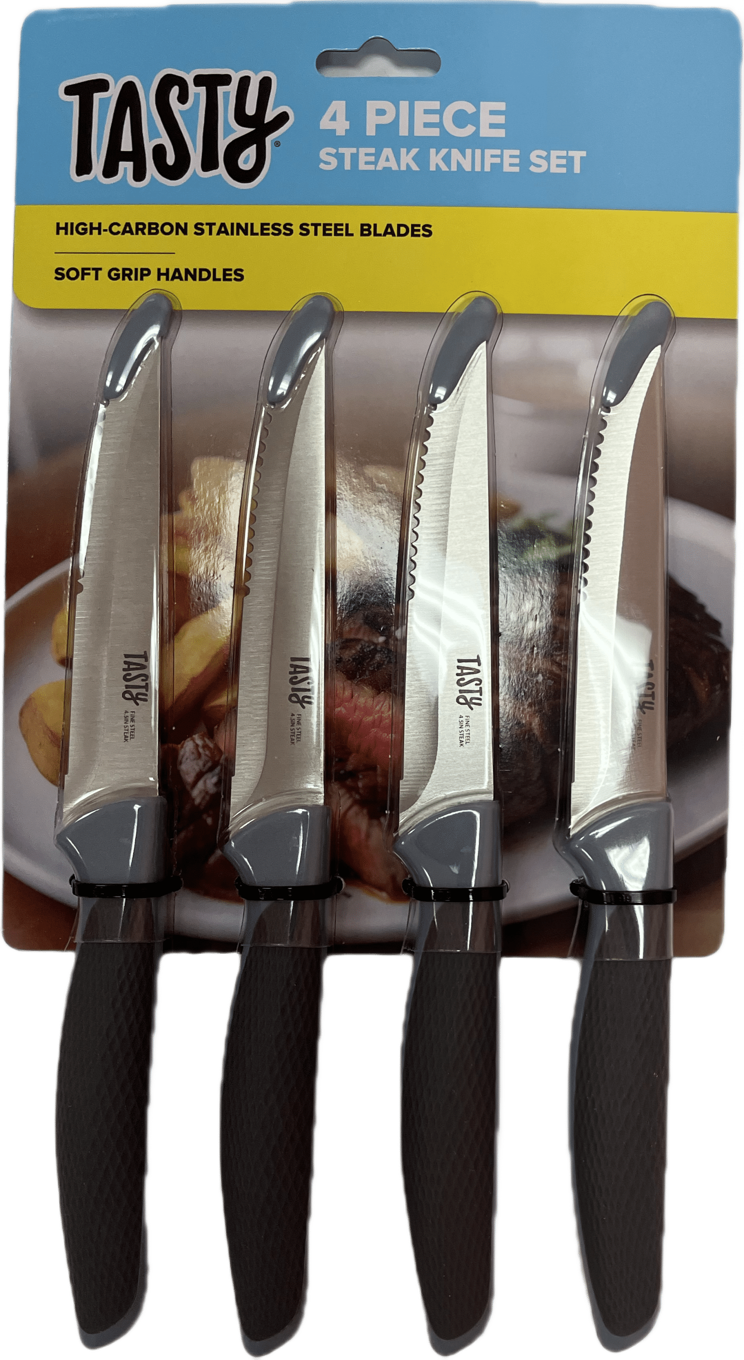 Tasty 4 Piece Stainless Steel Steak Knife Set, Serrated Edge, Blue
