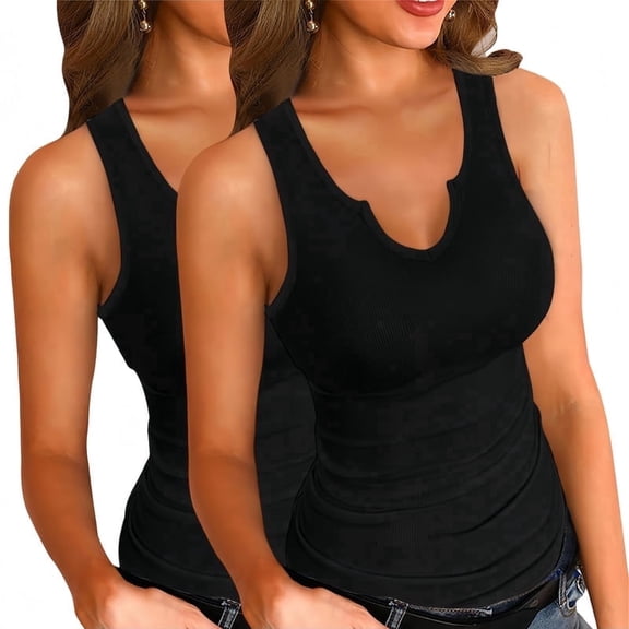 Vafful Tank Tops for Women Basic Sleeveless Shirts 2 Pack V Neck Ribbed Slim Fitted Tank Tops Workout Summer Blouse Sporty Sexy top Cami Ribbed Racerback Black and White S-XXL