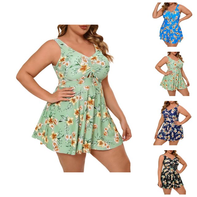 Womens Swimsuits Tankini 2026 Trendy Plus Size Modest Flowy Swim Dress with High Waisted Bottom Two Piece Bathing Suits Woman