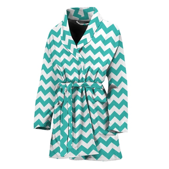 Teal And White Chevron Pattern Women Bathrobe One Size Univeral Fits, Chevron Wave Fashion Lightweight Plush Fleece Long Robe For Women