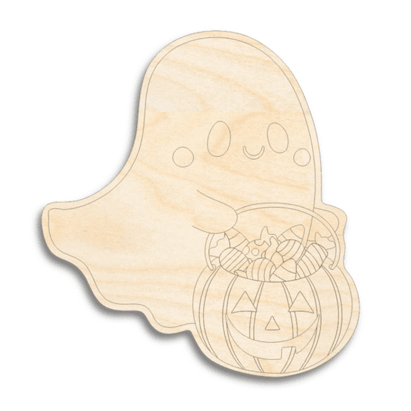 Unfinished Wood Etched Trick Or Treating Ghost Shape 10" / 1/8"