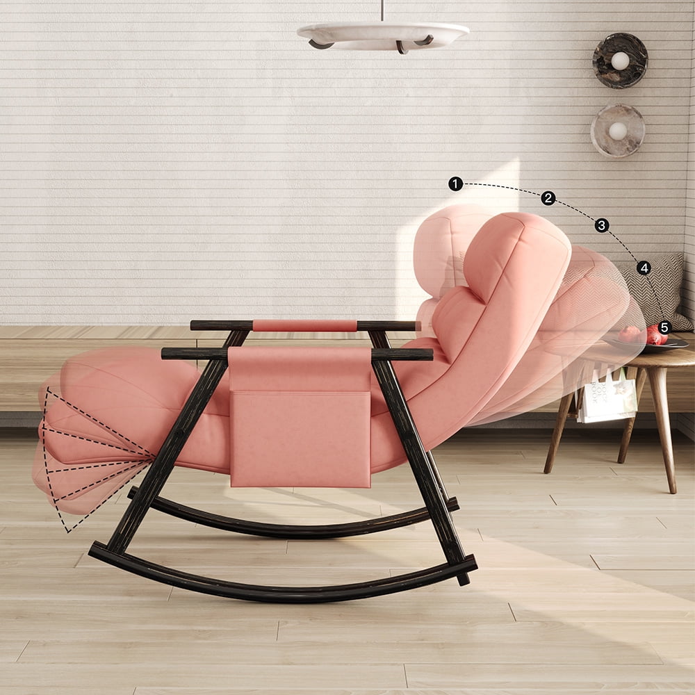 Accent Folding Rocking Recliner Chair with Side Pocket, Upholstered Nursery Glider Chair with 5 Adjustable High Back for Living Room Bedroom Balcony, Pink