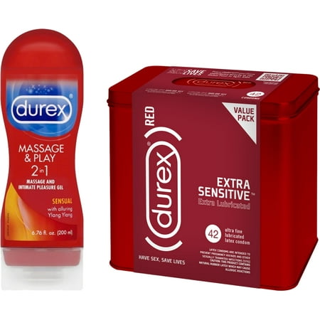 Durex RED Condom Extra Sensitive (42 count) and Durex Massage & Play 2 in 1 Lubricant (6.76oz), Sensual Massage &