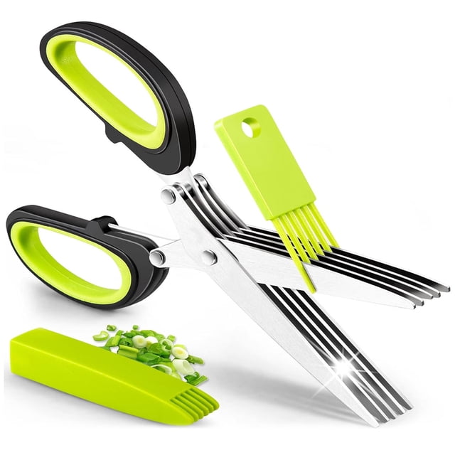 Tijeras para hierbas, aptas para lavavajillas y regalo ideal, tijeras de cocina para hierbas de 5 hojas con cubierta de seguridad y peine de limpieza para cortar de manera eficiente
