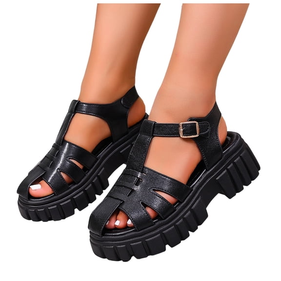 Rokment Womens Platform Closed Toe Gladiator Sandals Roman Retro Beach Casual Leather Ankle Strap Height Increasing Chunky Flat Comfortable Walking Summer Shoes Black Size 6.5