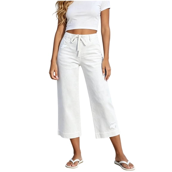 Lenpel Wide Leg Capri Jeans for Women Lounge Drawstring Pull on Baggy Cropped Denim Pants Stretch High Waist Denim Capris