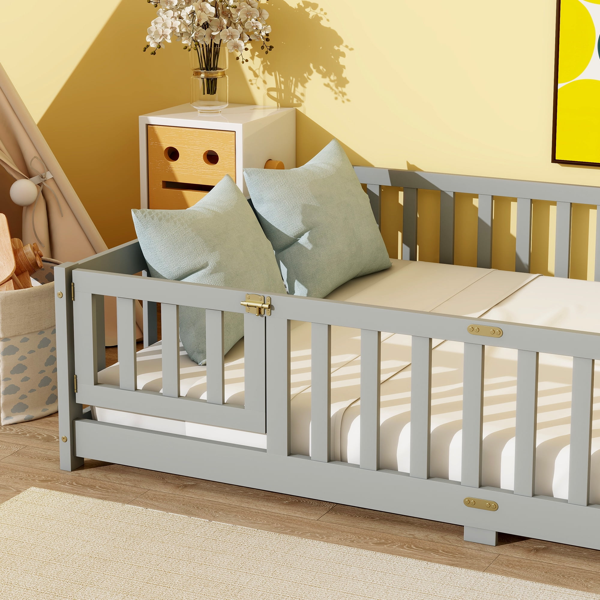 Sailvan Full Floor Bed with Fence and Door, Solid Rubber Wood Kids Platform Bed Frame Grey