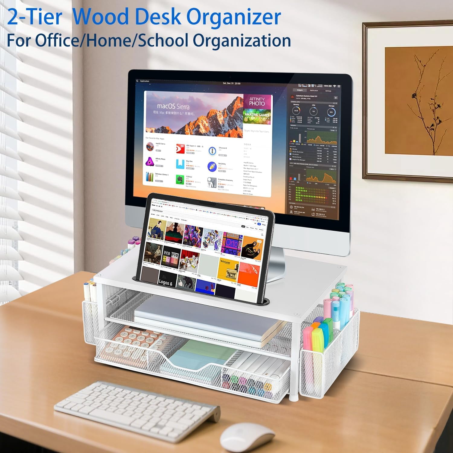 Wood Desk Organizers and Accessories, 2-Tier Computer Monitor Stand with Drawer, Pen Storage & Tablet Phone Holder, Office Desk Accessories, Workspace Desktop Organization for Office Supplies（Brown）