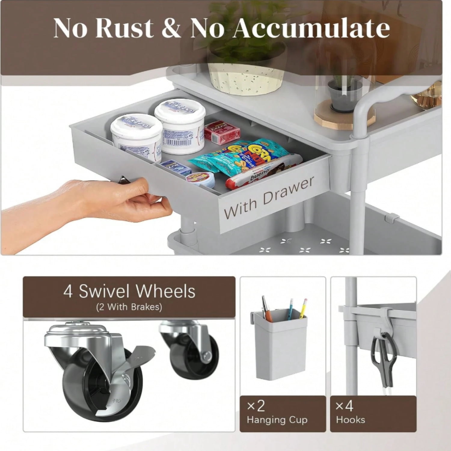 NTGFU 3 Tier Rolling Storage Cart with Drawers Rolling Utility Cart with Drawers,Room Decor,Bathroom Decor,Rolling Utility Cart Rolling Storage Organizer Tool for Kitchen,Light Grey