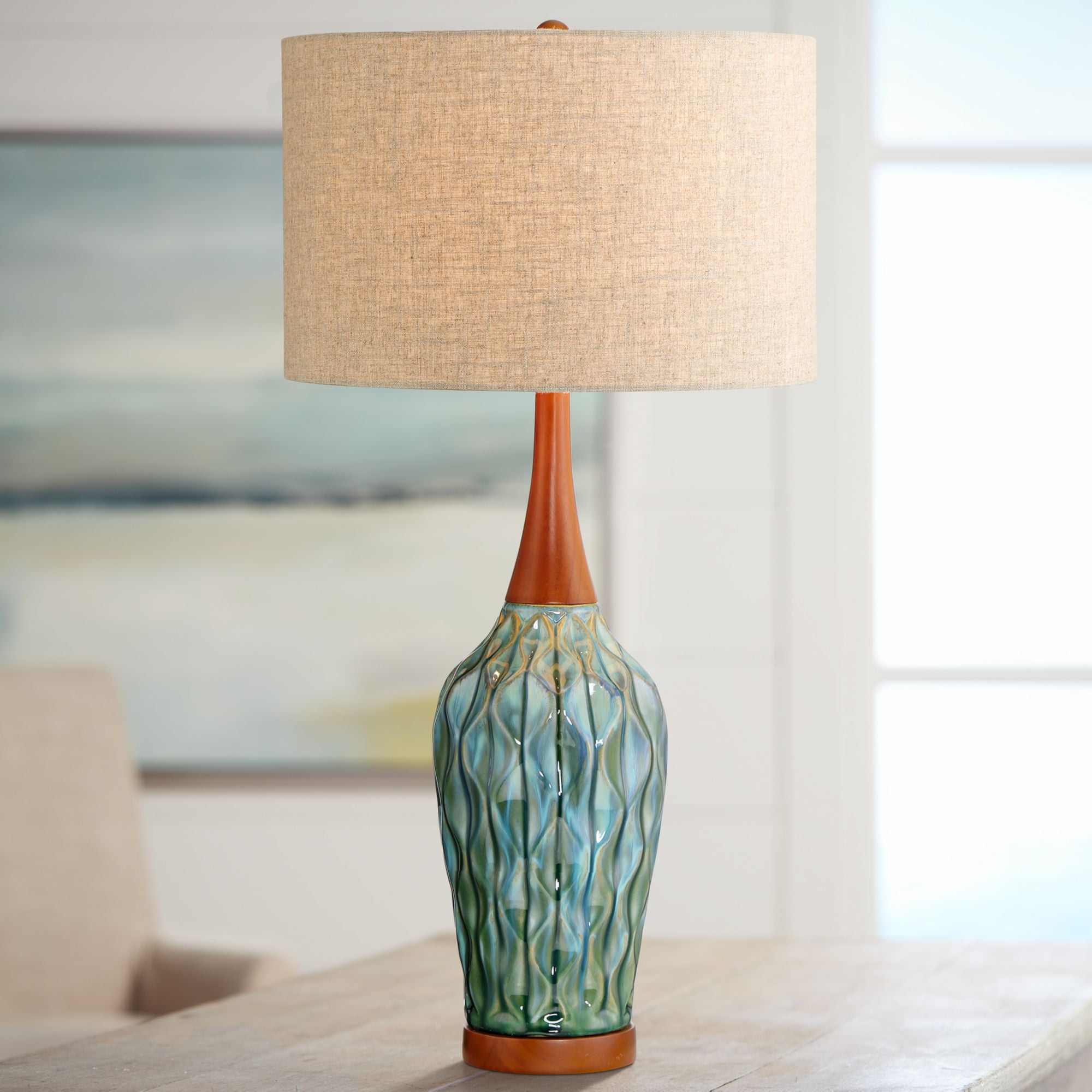 360 Lighting Rocco Blue Ceramic Mid Century Table Lamp With Table Top Dimmer Walmart Com Walmart Com
