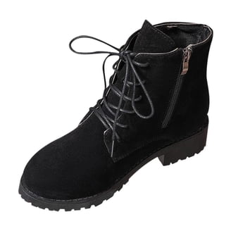 Women's Slouchy Ankle Boots - Chunky Low Heel Combat Booties, Faux Leather Round Toe Casual Boots