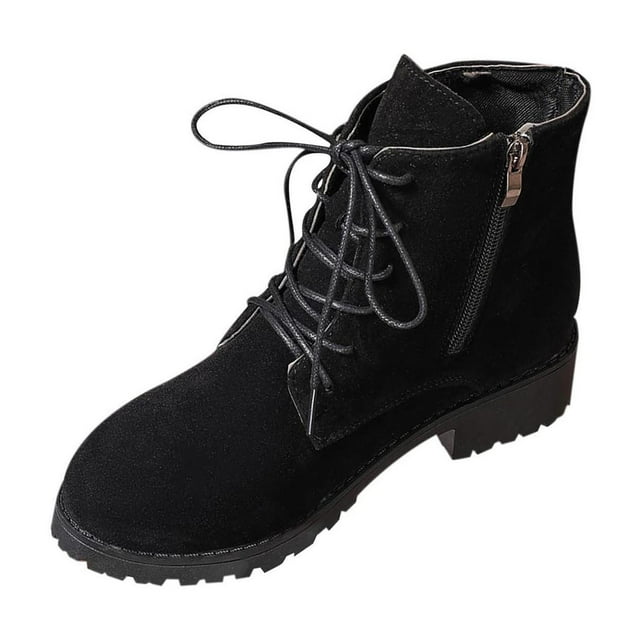 LOVZFMLL Bottes pour Femmes Bottines à Fermeture Éclair Latérale Bout Rond Antidérapantes Talon Bas Épais Lacets Automne Hiver Mode
