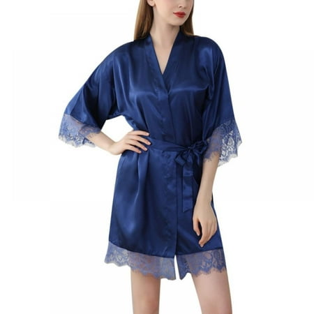 

LAST CLANCE SALE! Women s Lace Sleeve Silk Robe Kimono Short Satin Bathrobe Sleepwear Bridesmaids Wedding Party Dressing Gown Dark Blue S
