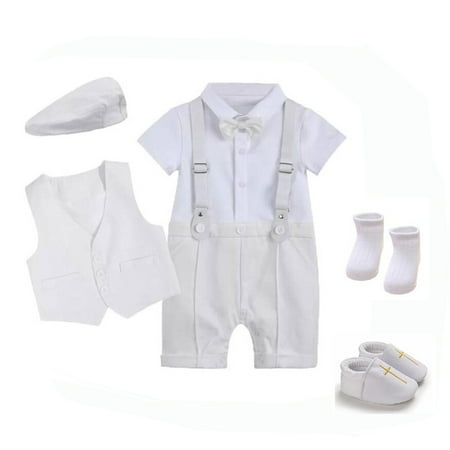 

5 Pcs Baby Boys Baptism Christening Outfit Newborn Gentleman Suit with Romper Waistcoat Vest Shoes Baseball Outfit Wedding Party Formal Suit with Gift Bag/Box