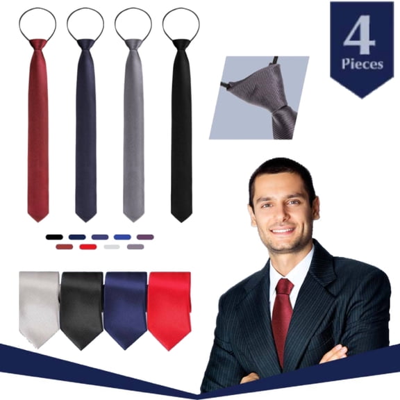 WeiDongzhuo Zipper Ties for Men Zip up 4pcs Classic Adjustable Necktie ,Easy Pretied Solid Color Polyester