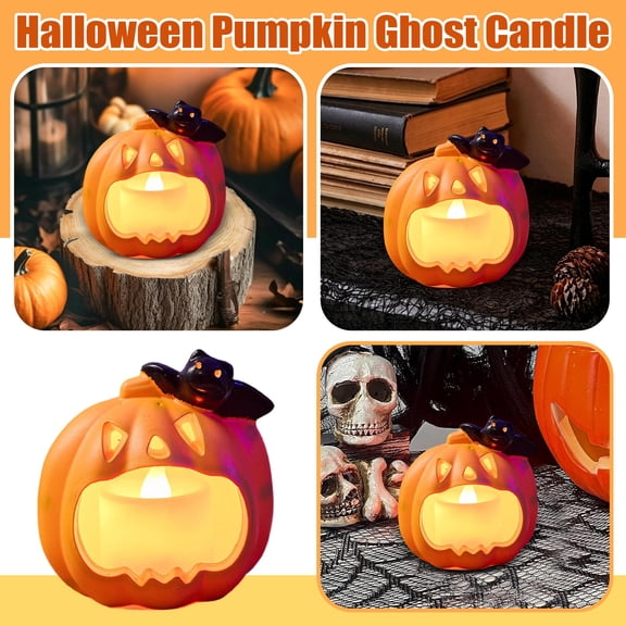 Halloween Decorations Halloween Pumpkin Ghost Candle Resin Statue Spooky Tabletop Decor Ornament for Mantel Shelf Home Party Festive Display Accent