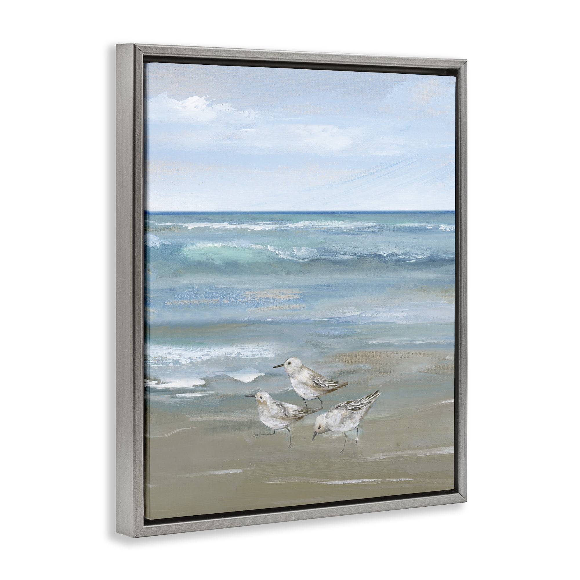 Stupell Industries Sanderlings on Gentle Waves Gray Framed Floater Canvas Wall Art, design by Nan