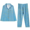 thumbnail image 4 of FUNUONY Cotton Pajamas for Women Set 2 Piece Long Sleeve Button Up Sleepwear Loose Pj Pants Sets Soft Comfy Loungewear Women Casual Lapel Button Print Two Piece Long Sleeve Pajamas Pajamas Suit Blue L, 4 of 4
