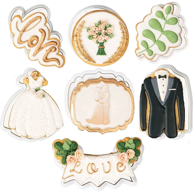 Ensemble d'Emporte-pièces de Mariage - 7 Pcs, Feuille de Mariage 3,5 Pouces, Bouquet, Inscription « Love », Mot « Love », Smoking, Plaque, Moules d'Emporte-pièces pour Robe de Mariée pour Douche Nuptiale et Fiançailles