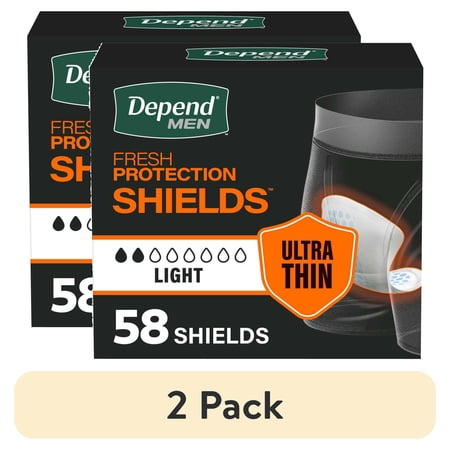 (2 pack) Depend Shields Incontinence Pads for Men, Light Absorbency, 58 Count