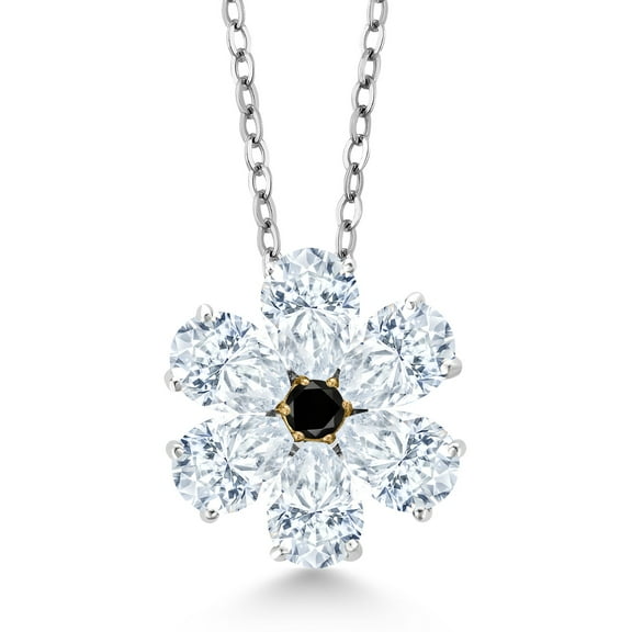 Gem Stone King 925 Silver and 10K Yellow Gold Black Diamond Pear Shape Flower Pendant with Chain Set with Moissanite (2.47 Cttw)