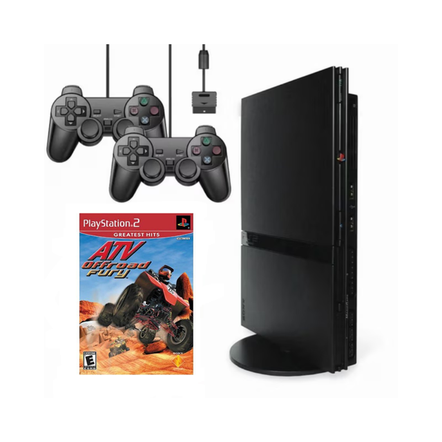 Sony PlayStation 2 PS2 Slim Console System (Refurbished) Bundle with 2 Retrofam Controllers and ATV Offroad Fury Game