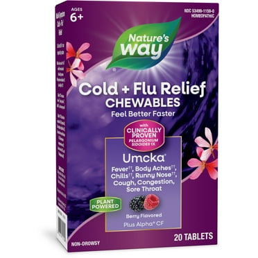 Nature's Way Cold Flu Relief Chewable Tablets, Umcka, Multi-Symptom Relief, Berry, Unisex, 20 Ct