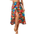 thumbnail image 1 of Unique Bargains Jupe Midi à Volants Imprimée Florale avec Nœud Fendue pour la Plage Rouge S, 1 of 6