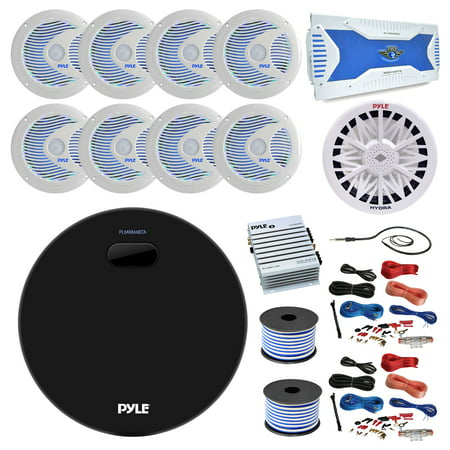 36' - 42' Boat: Pyle Marine Bluetooth MP3 USB AUX Amp Receiver, 8X 6.5'' Speakers w/ LED Lights, 8 Channel Amp, 500 Watt 4 Ohm Sub, 2 Channel Amp, 2X 8-G Amp Install Kit, 18-G 100 FT Wire,