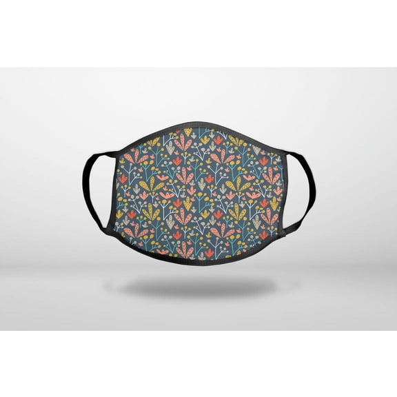 Modern Floral - Navy Yellow Teal - 3-Ply Reusable Soft Cloth Face Covering, Unisex, Cotton Inner Layer