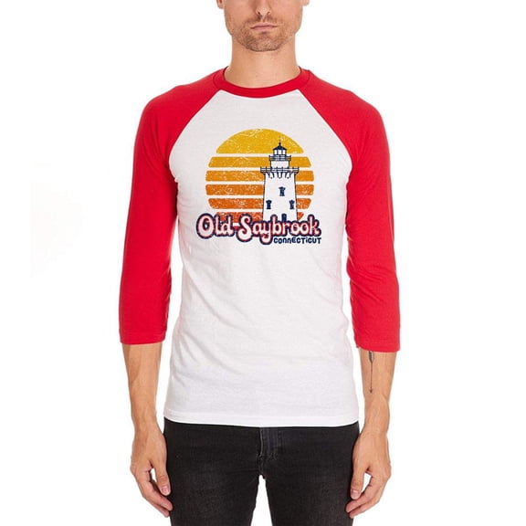 Retro 70's Sunset Old Saybrook Lighthouse Mens Soft Raglan T Shirt White-Red SM