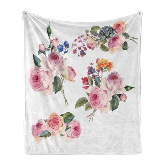Rose Soft Flannel Fleece Blanket, Vintage Floral Bouquets with English Roses Wildflowers Botanical Natural Summer Time, Cozy Plush for Indoor and Outdoor Use, 50" x 70", Multicolor, by Ambesonne