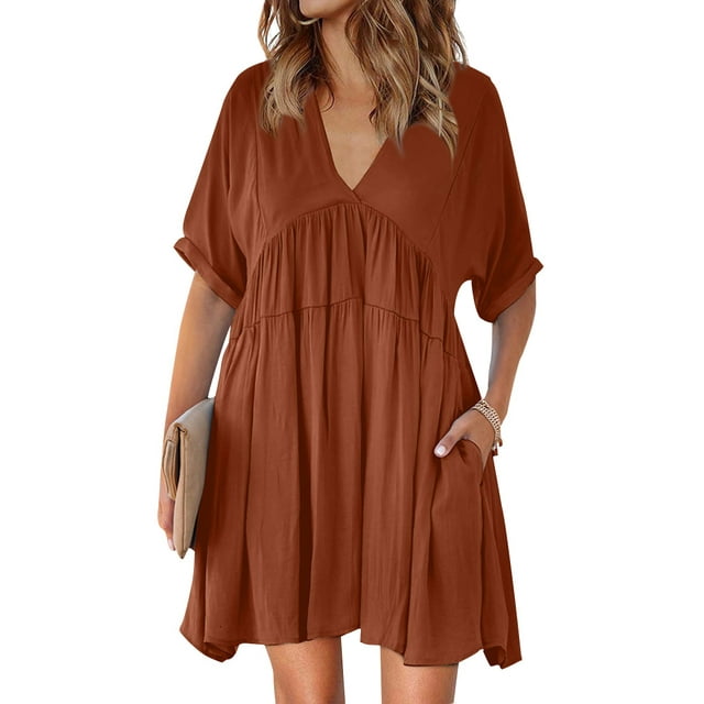 Robe Mini à Manches Courtes Col en V Poches Latérales Ourlet à Volants pour Femmes Couleur Unie