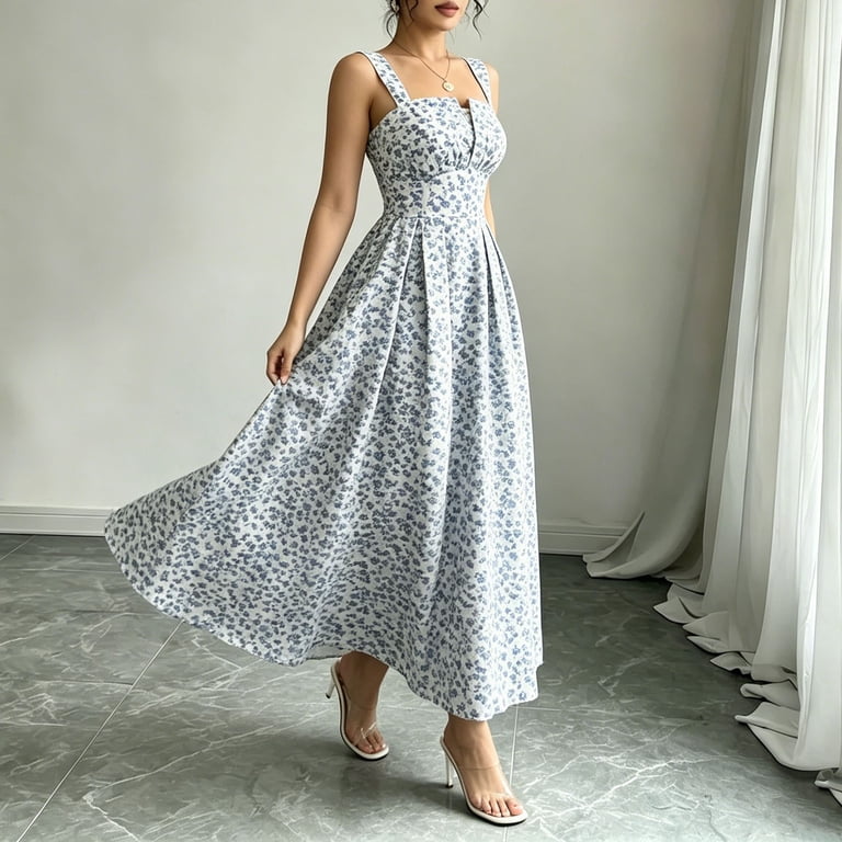 Vbvc Women's Floral Square Neck Maxi Dress,Ladies Elegant Sleeveless A-Line Flowy Midi Dress,Formal Wedding Guest Cocktail Party Dress For Women,Light
