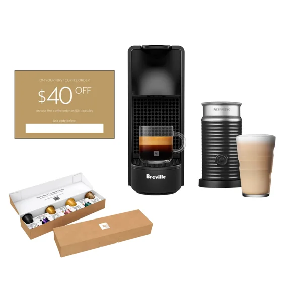 Nespresso Essenza Mini Machine à Espresso par Breville avec Mousseur à Lait Aeroccino, Cafetière Compacte à Portion Individuelle - Remis à Neuf Excellent