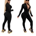 thumbnail image 4 of Women Solid Color One Piece Jumpsuit, Zipper Front Long Sleeve Fitness Rompers Playsuits, 4 of 6