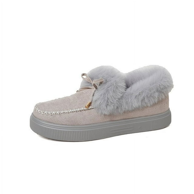 Zapatos de mujer acolchados de algodón 23 Invierno Zapatos cálidos con lazo europeos y americanos Zapatos planos de talla grande con pelo Zapatos de mujer de talla grande