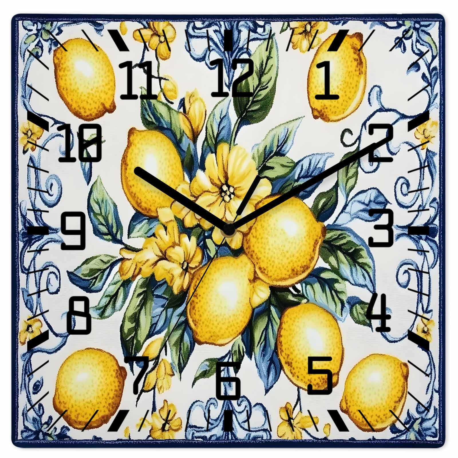 Yellow Lemon Wooden Wall Clock Silent Non Ticking, Middle Century Blue Italian Textured Square Wall